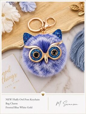 NEW Fluffy Owl Pom Keychain Bag Charm – Frosted Blue, White & Gold | NWT
